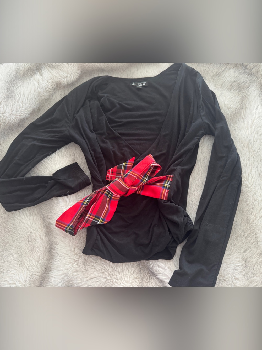 J. Crew Black Long Sleeve Top with Red Plaid Bow Accent XS